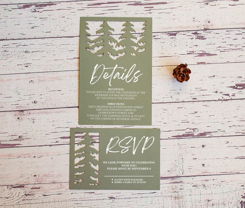 Pine forest wedding invitation set svg template, folding trees eco party invite card for Cricut, Laser svg dxf ai cdr image 6