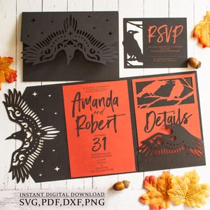 Gothic Krähe Einladungs-set Vorlage svg, Halloween Rabeneinladungskarte, Hochzeit Spitze Krähenflügel Einladung für Cricut, Laser (svg dxf ai cdr)
