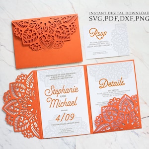 Wedding invitation template SVG, Trifold 5x7 mandala pocket envelope for Cricut, Laser Cut, papercut, Cameo (svg dxf ai cdr)