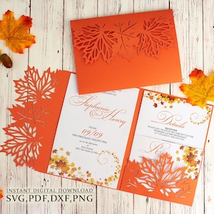 Modèle d'invitation de feuille d'érable sèche, svg d'enveloppe à trois volets de mariage d'automne, invitation de Thanksgiving pour Cricut, découpé au laser, camée (svg dxf ai cdr)