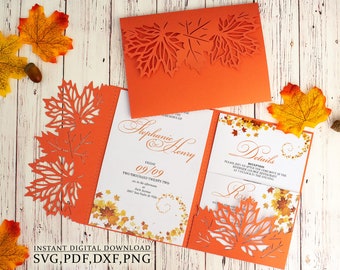 Dry maple leaf invitation template, Fall wedding trifold envelope svg, thanksgiving invitation for Cricut, Laser Cut, Cameo (svg dxf ai cdr)