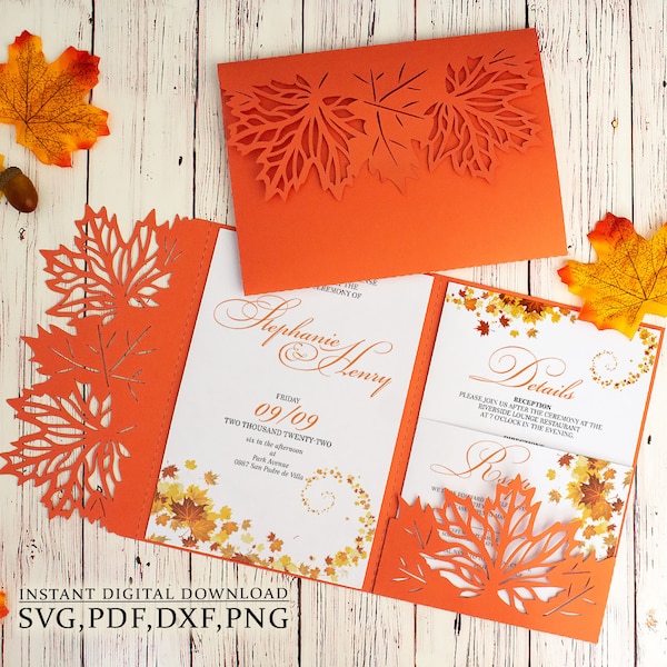 Dry maple leaf invitation template, Fall wedding trifold envelope svg, thanksgiving invitation for Cricut, Laser Cut, Cameo (svg dxf ai cdr)