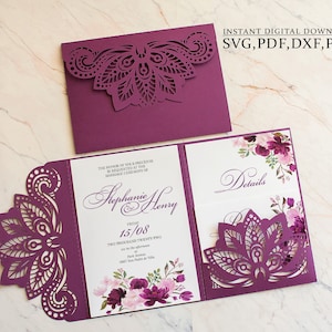 Hochzeitseinladung Vorlage SVG, Trifold Mandala Blume 13x18 Tasche Umschlag Vorlage für Cricut, Laser Cut, Papierschnitt, Cameo (svg dxf ai cdr)