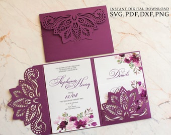 Wedding invitation template SVG, Trifold Mandala flower 5x7 pocket envelope template for Cricut, Laser Cut, papercut, Cameo (svg dxf ai cdr)