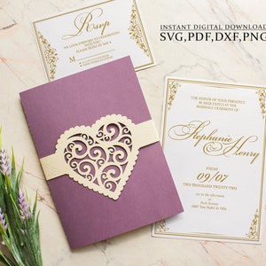 Hochzeit Herz Einladung SVG Vorlage, Herz Spitze 5x7 Tasche Umschlag für Cricut, Laser Cut, Scherenschnitt, Cameo (svg dxf ai cdr)