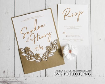 Wedding floral invitation template SVG, pocket flower invite card for Cricut, Laser(svg dxf ai cdr)
