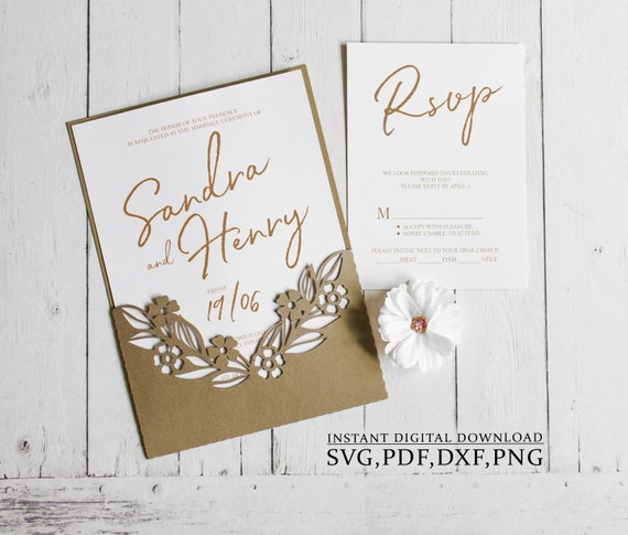 Wedding floral invitation template SVG, pocket flower invite card for Cricut, Laser(svg dxf ai cdr)