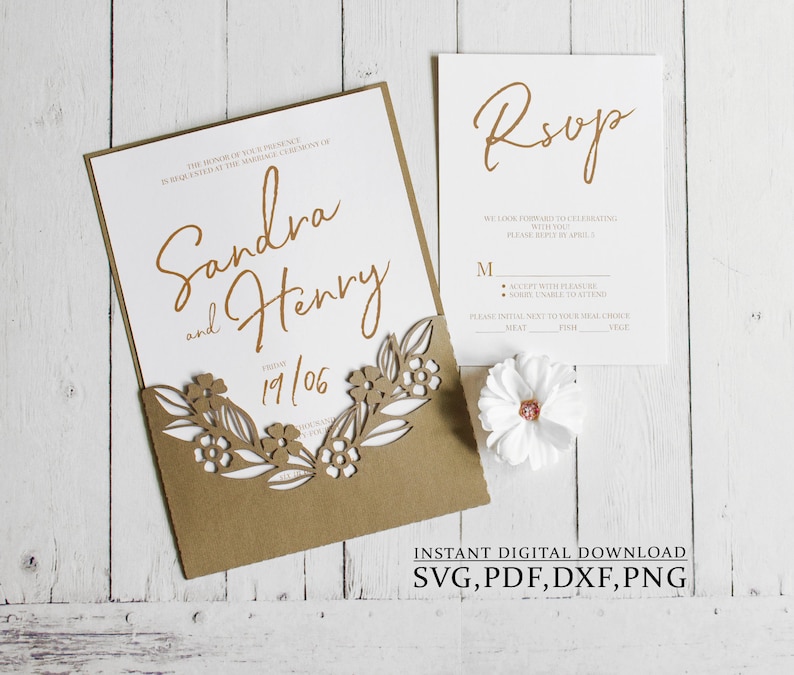 May include: A wedding invitation with a brown envelope featuring a laser-cut floral design. The invitation is white with the names "Sandra and Henry" and the date "19/06". The RSVP card is white with the text "RSVP" and a space for guests to indicate their attendance and meal choice.