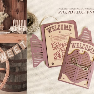 Svg d'invitation de mariage saloon, modèle d'invitation de style fête country western, découpe laser (svg, dxf, pdf), silhouette camée cricut