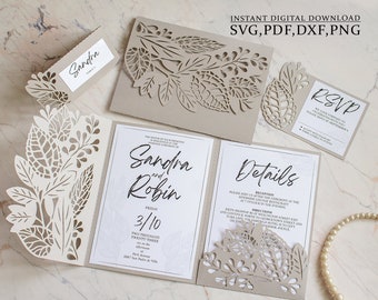 Feuilles sèches invitation modèle svg, ensemble de mariage d'automne, enveloppe automne à trois volets 5 x 7, invitation de thanksgiving pour Cricut, Laser (svg dxf ai cdr)