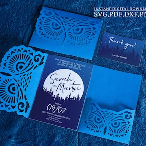 Invito a tre ante per matrimonio 5x7 Svg, modello di busta gotica gufo, gufo di halloween, taglio laser (svg,dxf,pdf), Silhouette Cameo Cricut