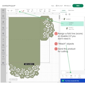 May include: A green card with a floral design is shown on a computer screen. The design is for a Cricut cutting machine. The screen shows the design with a fold line and instructions to assign a fold line, attach objects, and send the product for cutting.
