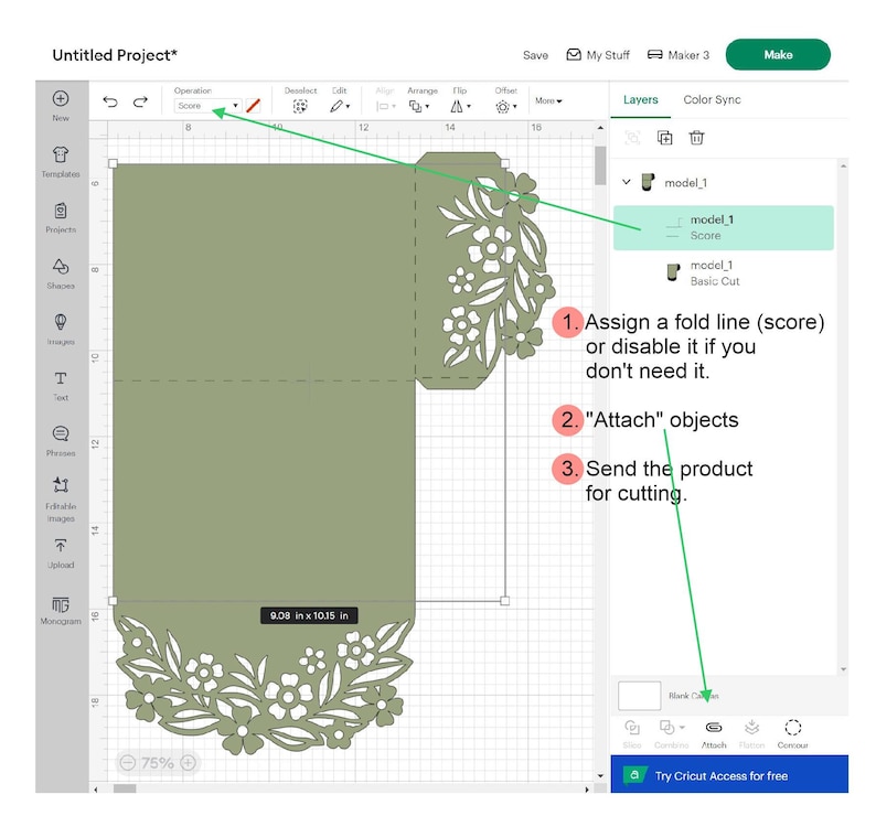 May include: A green card with a floral design is shown on a computer screen. The design is for a Cricut cutting machine. The screen shows the design with a fold line and instructions to assign a fold line, attach objects, and send the product for cutting.
