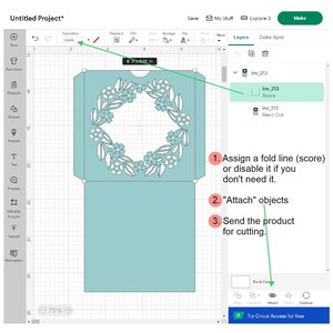 May include: A computer screen showing a design for a floral card with a cut-out design. The design is on a light blue background with a white floral pattern. The screen shows instructions for assigning a fold line, attaching objects, and sending the product for cutting.