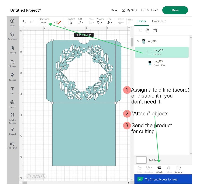 May include: A computer screen showing a design for a floral card with a cut-out design. The design is on a light blue background with a white floral pattern. The screen shows instructions for assigning a fold line, attaching objects, and sending the product for cutting.