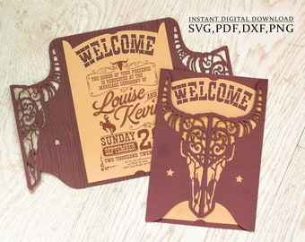 Western wedding invitation svg, country party, bull's skull invitation template, laser cutting (svg,dxf,pdf), Silhouette Cameo Cricut