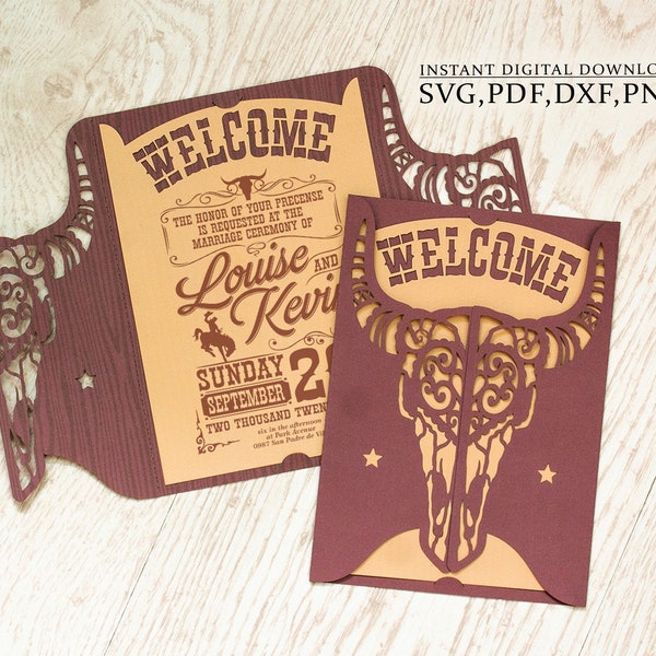 Western wedding invitation svg, country party, bull's skull invitation template, laser cutting (svg,dxf,pdf), Silhouette Cameo Cricut