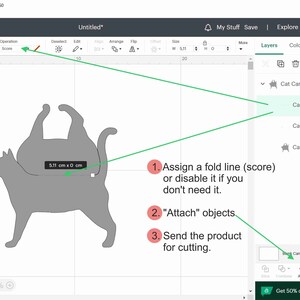 K&ouml;nnte beinhalten: Ein Screenshot der Cricut Design Space-Software, der eine graue Katzensilhouette auf einem wei&szlig;en Raster zeigt. Die Katze ist 5,11 cm breit und 0 cm hoch. Das Bild zeigt drei Schritte zum Erstellen eines Projekts: eine Faltlinie zuweisen, Objekte zu verbinden und das Produkt zum Schneiden zu senden.