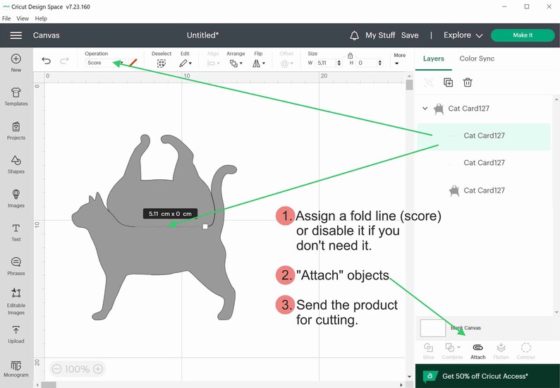 K&ouml;nnte beinhalten: Ein Screenshot der Cricut Design Space-Software, der eine graue Katzensilhouette auf einem wei&szlig;en Raster zeigt. Die Katze ist 5,11 cm breit und 0 cm hoch. Das Bild zeigt drei Schritte zum Erstellen eines Projekts: eine Faltlinie zuweisen, Objekte zu verbinden und das Produkt zum Schneiden zu senden.