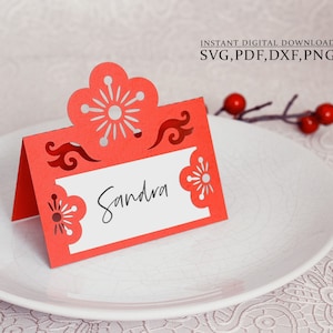 Modello di segnaposto SVG, segnaposto per matrimonio fiore Sakura, biglietto di ringraziamento, taglio laser, Cameo Cricut svg dxf ai cdr