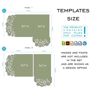 May include: Two templates for a 5x7 inch invitation card with a floral design. The templates are designed to be cut out using a cutting machine. The templates are labeled "Model 1" and "Model 2".