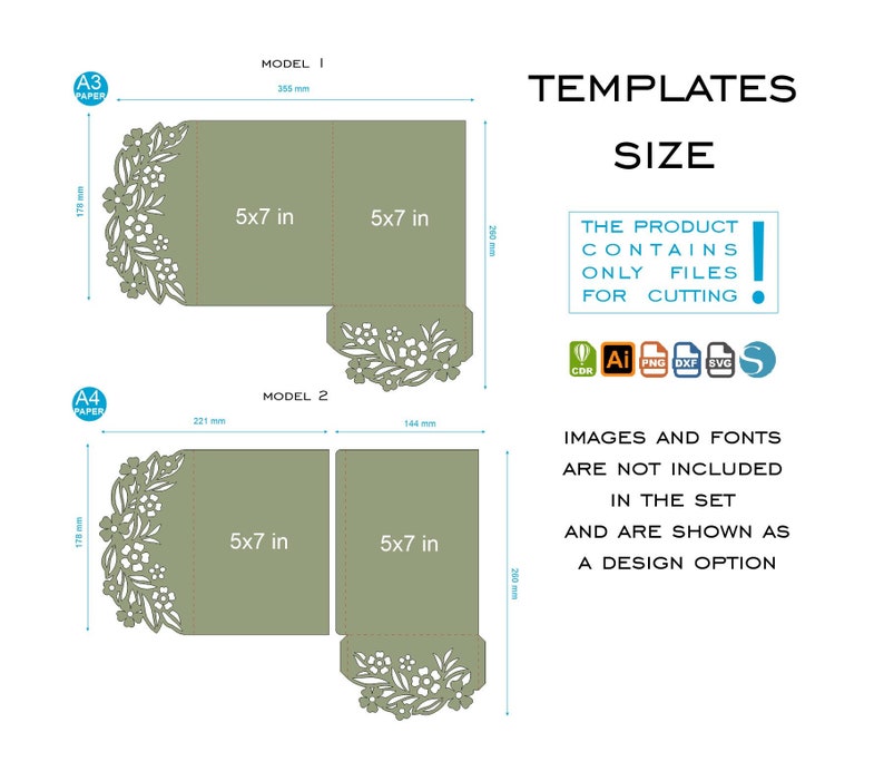 May include: Two templates for a 5x7 inch invitation card with a floral design. The templates are designed to be cut out using a cutting machine. The templates are labeled "Model 1" and "Model 2".