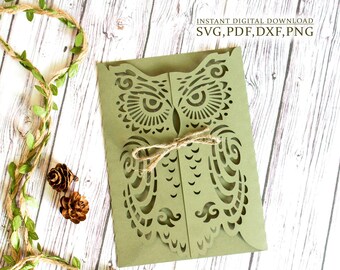 Owl invitation template, Gothic wedding envelope svg, Halloween invitation, laser cutting (svg,dxf,pdf), Silhouette Cameo Cricut