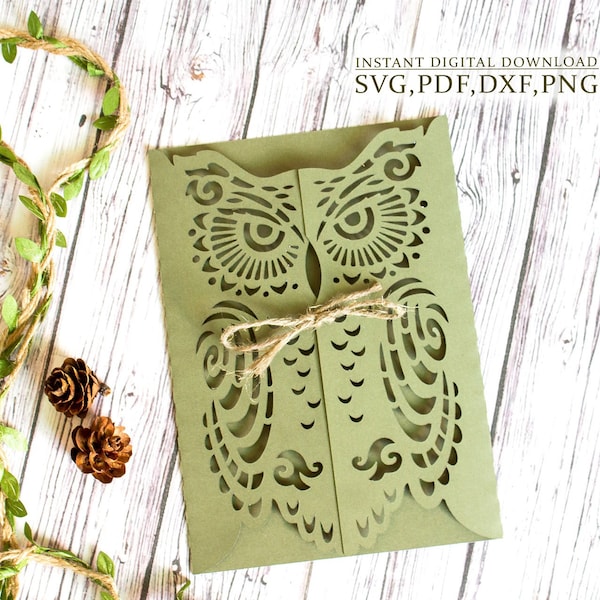 Owl invitation template, Gothic wedding envelope svg, Halloween invitation, laser cutting (svg,dxf,pdf), Silhouette Cameo Cricut