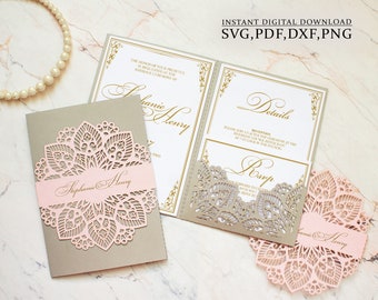 Wedding lace invitation SVG template, elegant  5x7 pocket envelope for Cricut, Laser Cut, papercut, Cameo (svg dxf ai cdr)