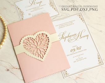 Wedding invitation SVG template, heart lace 5x7 pocket envelope for Cricut, Laser Cut, papercut, Cameo (svg dxf ai cdr)