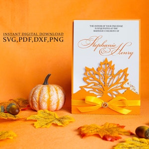 Modèle d'invitation de feuille sèche de mariage d'automne, modèle d'automne de feuille d'érable, enveloppe de mariage de poche, découpé au laser (svg, dxf, pdf), Silhouette Cricut