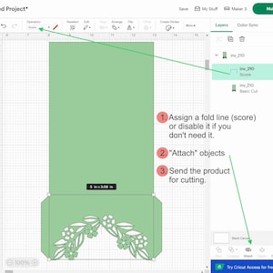 May include: A green card with a floral design is shown on a computer screen. The card is 5 inches by 3.09 inches. The image shows how to create a fold line (score) in a design for a cutting machine.