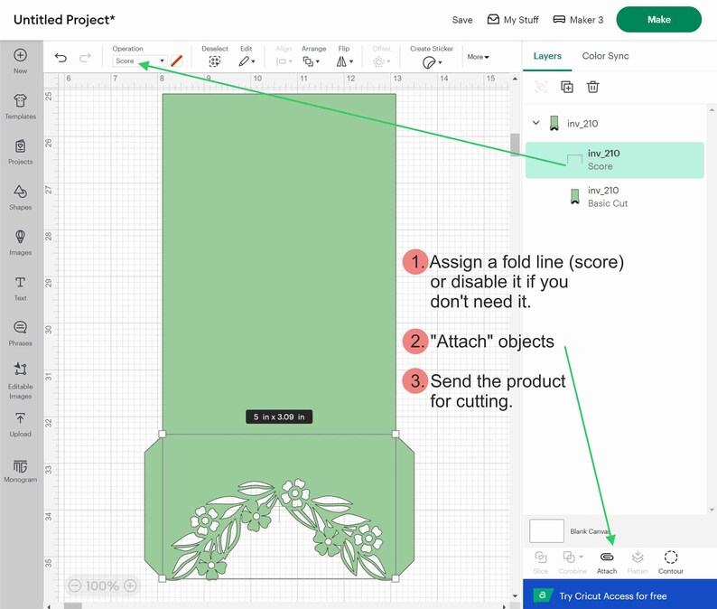 May include: A green card with a floral design is shown on a computer screen. The card is 5 inches by 3.09 inches. The image shows how to create a fold line (score) in a design for a cutting machine.