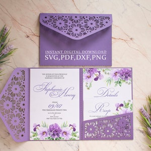 Modello di invito di nozze SVG, modello di busta tascabile con pizzo floreale a tre ante 5x7 per Cricut, taglio laser, ritaglio di carta, Cameo (svg dxf ai cdr)