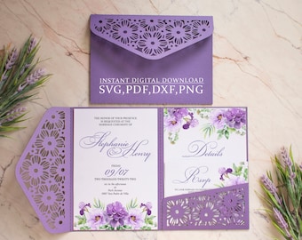 Wedding invitation template SVG, Trifold flower lace 5x7 pocket envelope template for Cricut, Laser Cut, papercut, Cameo (svg dxf ai cdr)