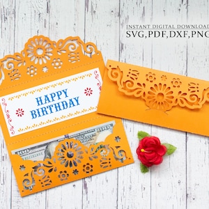 お金の封筒 svg、メキシコのギフトの感謝祭の封筒テンプレート、ピカドの飾りのレーザーカット (svg、dxf、pdf)、Cameo Cricut