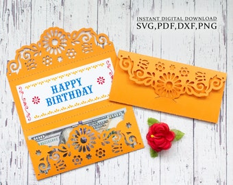 Money cash envelope svg, mexican gift thanksgiving envelope template, picado ornament laser cutting (svg,dxf,pdf), Cameo Cricut