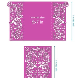 May include: A pink template for a 5x7 inch card with a floral and skull design. The template is 11 inches wide and 7 inches tall.