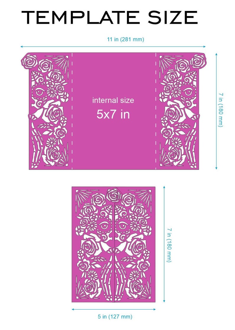 May include: A pink template for a 5x7 inch card with a floral and skull design. The template is 11 inches wide and 7 inches tall.