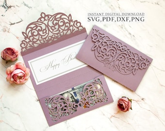 Money cash envelope svg, Lace gift thanksgiving envelope template, floral ornament laser cutting (svg,dxf,pdf), Silhouette Cameo Cricut