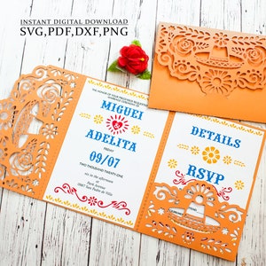 Mexicaanse uitnodigingssjabloon, picado charro rozen driebladige 5 x 7 svg zak envelop, voor Cricut, lasergesneden, cameo svg dxf ai cdr