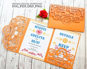 Mexican invitation template, picado charro roses trifold 5x7 svg pocket envelope, for Cricut, Laser Cut, Cameo svg dxf ai cdr