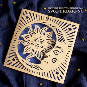 May include: A laser-cut card featuring a sun and moon design. The card is a light tan color, with the sun and moon cut out to reveal a blue background. The card also has the text "INSTANT DIGITAL DOWNLOAD SVG, PDF, DXF, PNG".