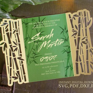 May include: A gold-coloured, laser-cut bamboo design frames a green invitation. The invitation includes the names "Sarah and Martin", date "09/07/21", and event details. The words "Instant Digital Download" and file types are also visible.