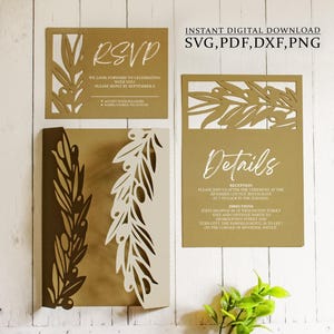Conjunto de convites para casamento com ramos de oliveira, cartão de convite dobrável de oliveira, convite com folhas de oliveira para Cricut, Laser (svg dxf ai cdr)