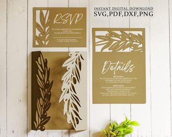 Mall för bröllopsinbjudningar med olivkvist, olivbladsfold-inbjudningskort, inbjudan med olivblad för Cricut, Laser (svg dxf ai cdr)