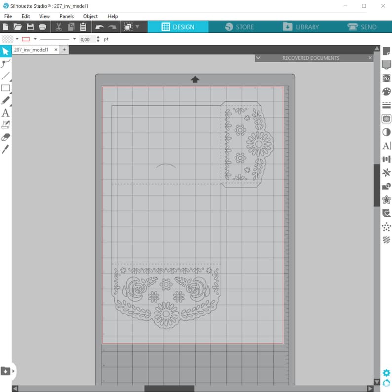 Puede incluir: Un dise&ntilde;o digital para una tarjeta con un patr&oacute;n floral. El dise&ntilde;o se muestra en una pantalla de computadora con un fondo de cuadr&iacute;cula.