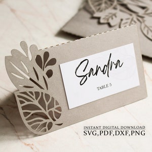 Modèle de cartes de place svg, carte d’invité à feuilles sèches de mariage d’automne, carte de remerciement, découpe laser (svg,dxf,pdf), Silhouette Cameo Cricut