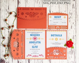 Wedding Mexican invitation template SVG, trifold roses floral flower thanksgiving pocket invitation for Cricut, Laser(svg dxf ai cdr)