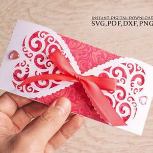 お金の封筒テンプレート、結婚式のギフト封筒 svg、ハートの現金封筒招待状、感謝祭の封筒、レーザーカット、シルエット クリカット